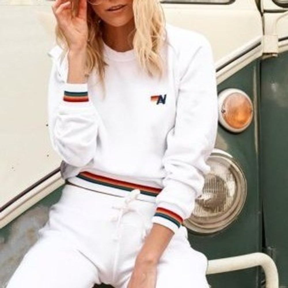 Aviator Nation Rainbow Striped Cuff Crewneck Sweatshirt White XS